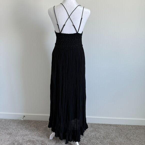 FP One womens Adella Maxi Dress Crochet Smocked spaghetti Strap Black Goth Sz M - Picture 7 of 14